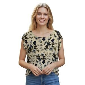 Cynthia Rowley 100% Linen Floral Blouse Top Women's L Cap Sleeve Lagenlook Boho